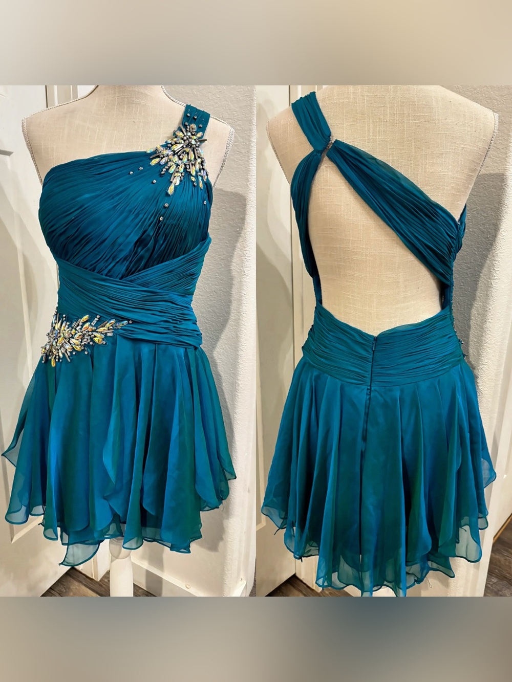Hannah S House of Wu Teal One Shoulder Homecoming Prom Dress Backless Mini 10